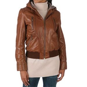 Jones New York Leather Hooded Bomber Jacket
